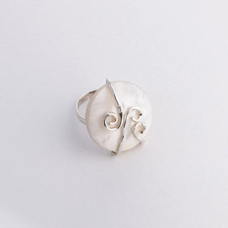 Silver Spirals Over Circle Mother Of Pearl - Ring